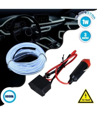 GloboStar® 82200 TUBE 360° Degree Διακοσμητική EL-Wire Neon Αυτοκινήτου Κορδόνι ΣΕΤ 3m 1W-3m 30lm-m 360° DC 12V με Βύσμα Αναπτήρα Αυτοκινήτου Αδιάβροχη IP68 Ψυχρό Λευκό 6000K